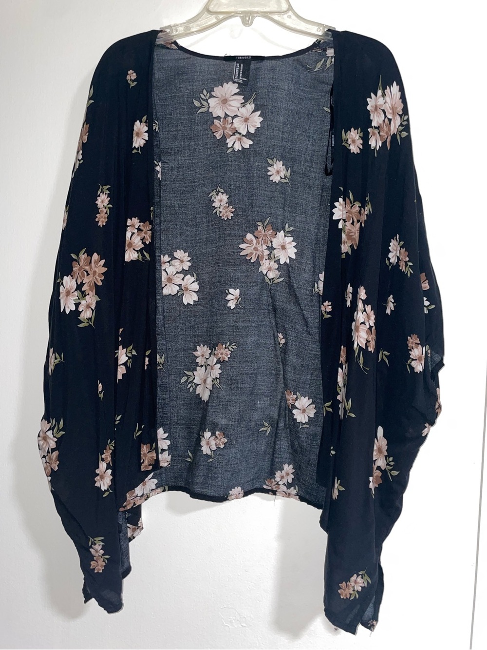 Forever 21 Black Floral Open Drape Kimono Shrug